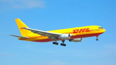 DHL Boeing 767 Cargo Freighter Landing at Miami International Stock Footage 104340264