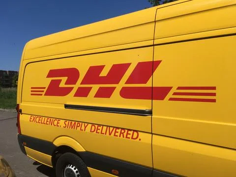 DHL delivery van logo Stock Photos