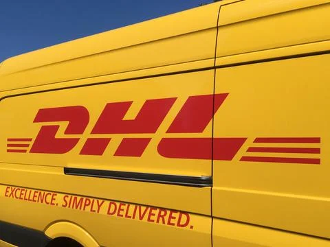 DHL delivery van logo Stock Photos