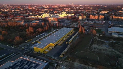 DHL Deutsche Post logistics center berlin city. Amazing aerial view drone Stock Footage 322703995