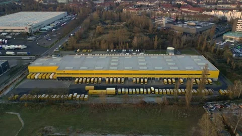 DHL Deutsche Post logistics center berlin city. Great aerial view drone Stock Footage 322704275