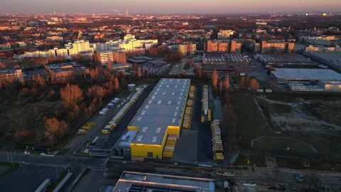 DHL Deutsche Post logistics center berlin city. Unique aerial view drone Stock Footage 322704320