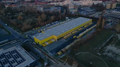 DHL Deutsche Post logistics center berlin city. Wonderful aerial view drone Stock Footage 323416511