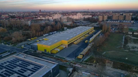 DHL Deutsche Post logistics center berlin city. Fabulous aerial view drone Stock Footage 323416551