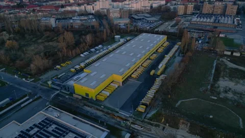 DHL Deutsche Post logistics center berlin city. Stunning aerial view drone Stock Footage 323416599