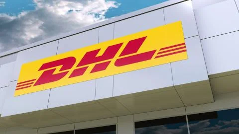 DHL Express logo on the modern building facade. Editorial 3D rendering Ilustración de archivo