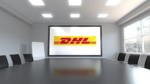 DHL Express logo on the screen in a meeting room. Editorial 3D rendering Stock Illustration