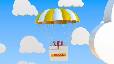 DHL logo on moving box moves under parachute. Editorial loopable 3D animation Stock Footage 122881296