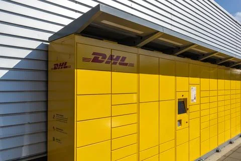 DHL Parcel Machine and Pack station with DHL logo. Utrecht, the Netherlands. Stock Photos