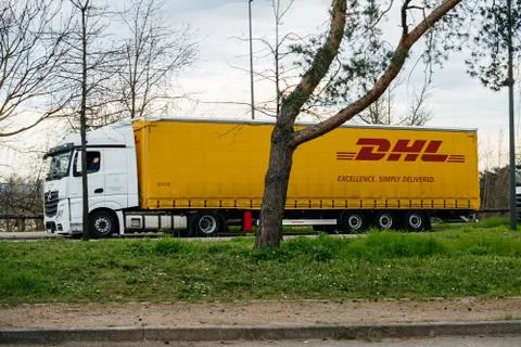 DHL parcel truck in Large queue at border customs crossing between France and Photos