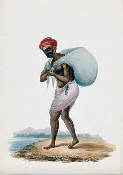A dhobi (laundry man) talking a load of clothes to the river to clean. Goua.. Stock Illustration