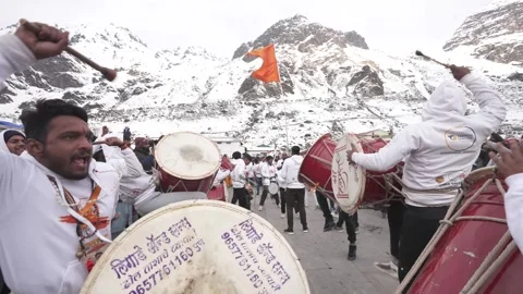 Dhol Beats Creating a Beautiful Aura at Kedarnath Temple Stock Footage 261005761