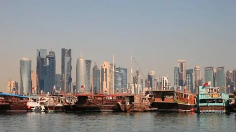 Dhow harbor and Doha skyline, Qatar Stock Footage 58298682