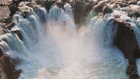 Dhuandhar-waterfall-closeup-tilt-down-drone-shot-narmada-river-bhedaghat-4k. Stock Footage 340393791