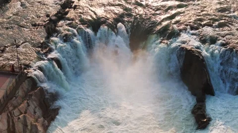 Dhuandhar-waterfall-front-view-drone-tilt-down-narmada-river-bhedaghat-jabal Stock Footage 340393708