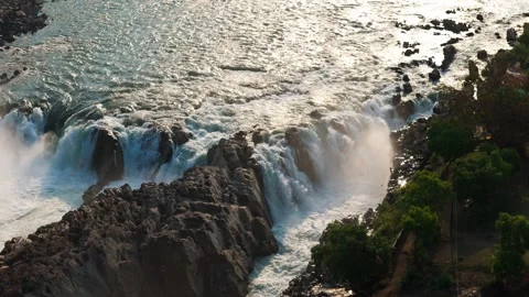 Dhuandhar-waterfall-narmada-river-left-pan-drone-aerial-bhedaghat-4k.mp4 Stock Footage 340396288