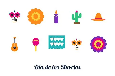 Dia de los Muertos elements set, flat Illustrazione stock