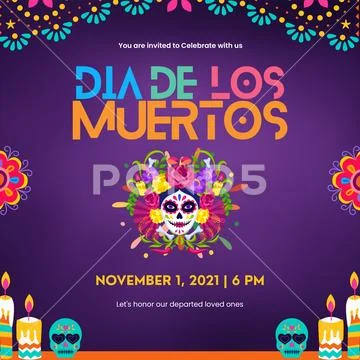 Día de los muertos event invitation featuring skull and flowers PSD Template