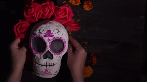 Dia de los Muertos Sugar Skull with Floral Crown Prop for Festive Celebration Stock Footage 343544589