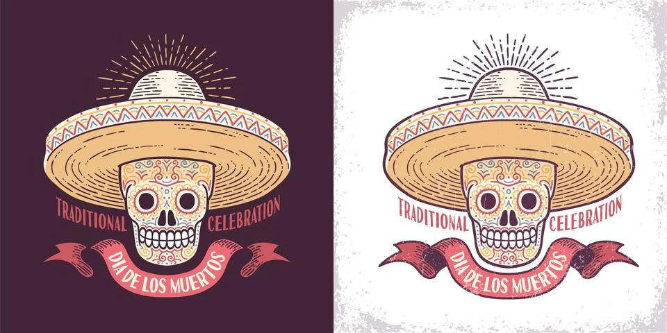 Dia de los muertos sugar skull symbol in sombrero retro illustration Stock Illustration