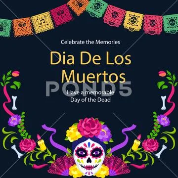 Dia de los muertos traditional celebration with sugar skull art PSD Template