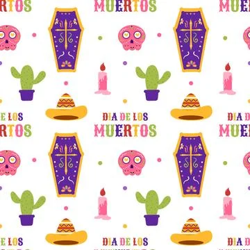 Dia de Muertos Seamless Pattern Illustration with Day of the Dead and Skele.. Stock Illustration