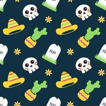 Dia de Muertos Seamless Pattern Illustration with Day of the Dead and Skele.. Stock Illustration
