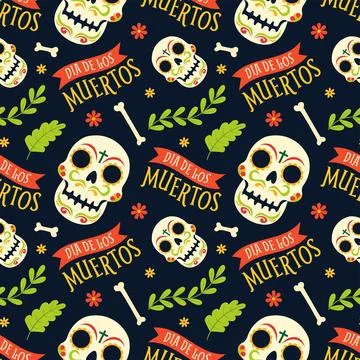 Dia de Muertos Seamless Pattern Illustration with Day of the Dead and Skele.. Stock Illustration