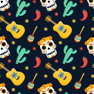 Dia de Muertos Seamless Pattern Illustration with Day of the Dead and Skele.. Stock Illustration