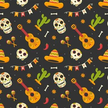Dia de Muertos Seamless Pattern Illustration with Day of the Dead and Skele.. Stock Illustration