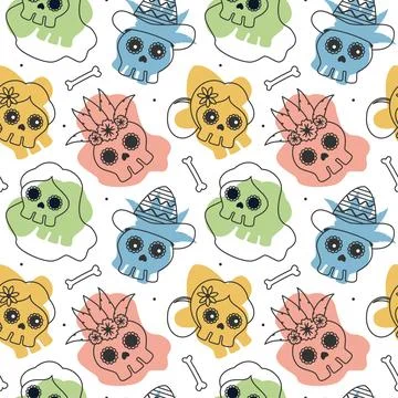 Dia de Muertos Seamless Pattern Illustration with Day of the Dead and Skele.. Stock Illustration