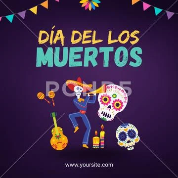 Día del los muertos festive skeleton playing trumpet illustration PSD Template