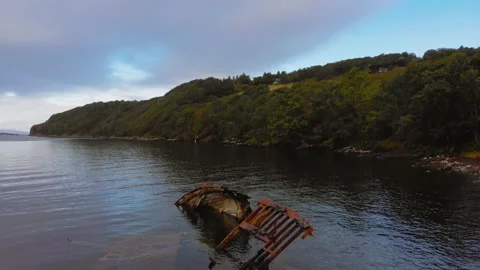 Diabaig Scottish Highlands Coast Fly Over Wrecked Fishing Boat 4K Stock Footage
