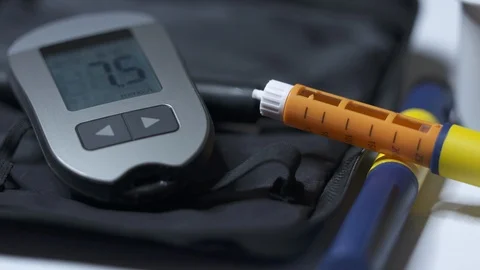 Diabetes testing equipment and insulin therapy. Diabetic pens and glucose meter Stock Footage 96752653