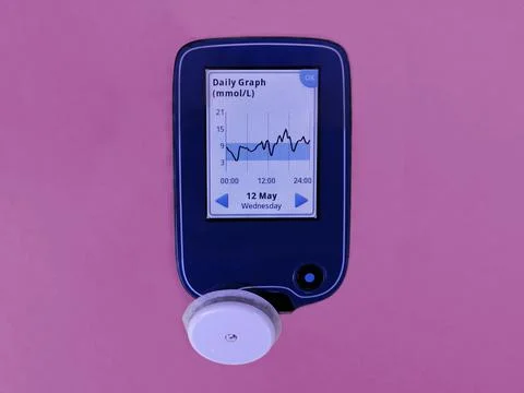 Diabetes type 1. Device for continuous glucose monitoring  and white sensor. Stock Photos