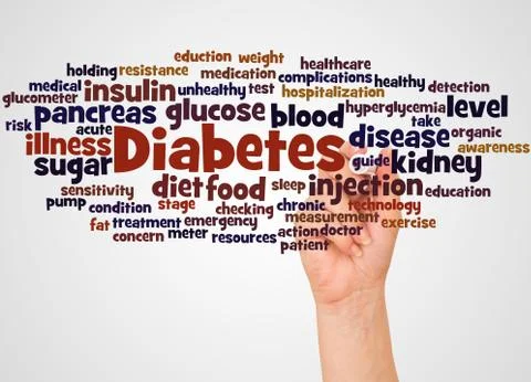 Diabetes word cloud and hand with marker concept Stock Photos