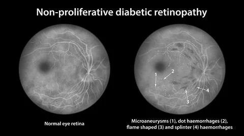 Diabetic retinopathy, ophthalmoscopic diagnosis, illustration Stock Illustration