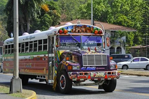 Diablo Rojo (Red Devil) bus in Panama, Panama City, Republic of Panama, Ce... Stock Photos