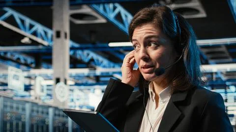 Diagnosing tech issues, AR holographic IT support worker in data center Stockfoto's