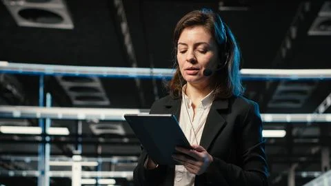 Diagnosing tech issues, AR holographic IT support worker in data center Stockfoto's