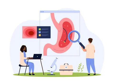 Diagnostics of stomach disease, endoscopy procedure in gastroenterology by tiny 스톡 일러스트