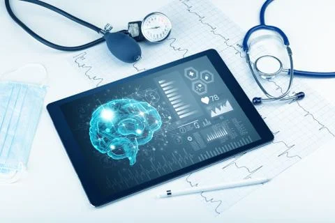 Diagnostics on tablet with brain functionality concept 写真素材