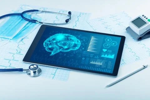 Diagnostics on tablet with brain functionality concept Stock Photos