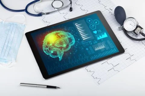 Diagnostics on tablet with brain functionality concept 写真素材
