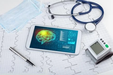 Diagnostics on tablet with brain functionality concept 写真素材