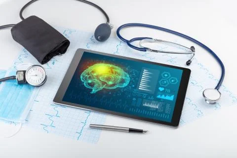 Diagnostics on tablet with brain functionality concept 写真素材