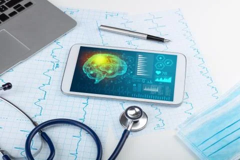 Diagnostics on tablet with brain functionality concept 写真素材