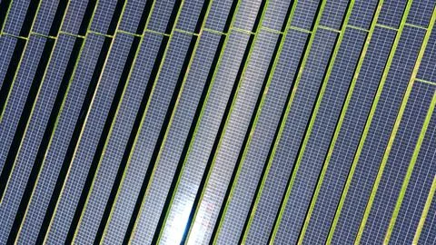 Diagonal Aerial View of Solar Panel Array Pattern Stock Photos