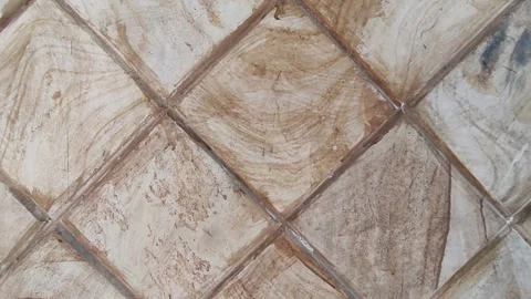 Diagonal Arrangement of Aged Brown Ceramic Tiles with Textured Grout Detailing Stock Footage 311873086