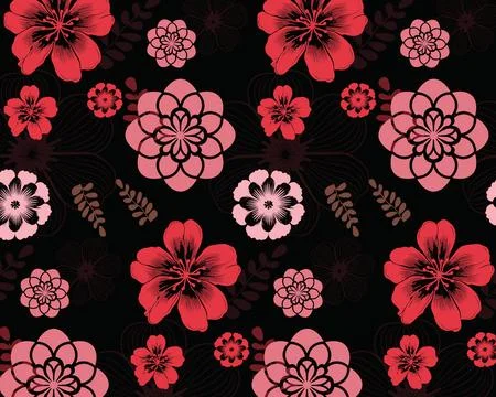 Diagonal Array of Pink and Red Flowers with White Outlines on a Black Backg.. Illustrazione stock